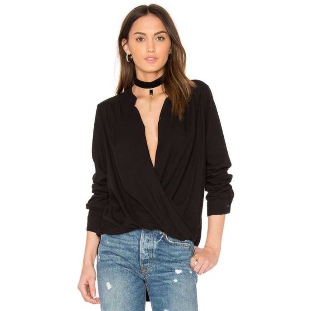 Splendid Wrap Front Crosshatch Blouse in Black